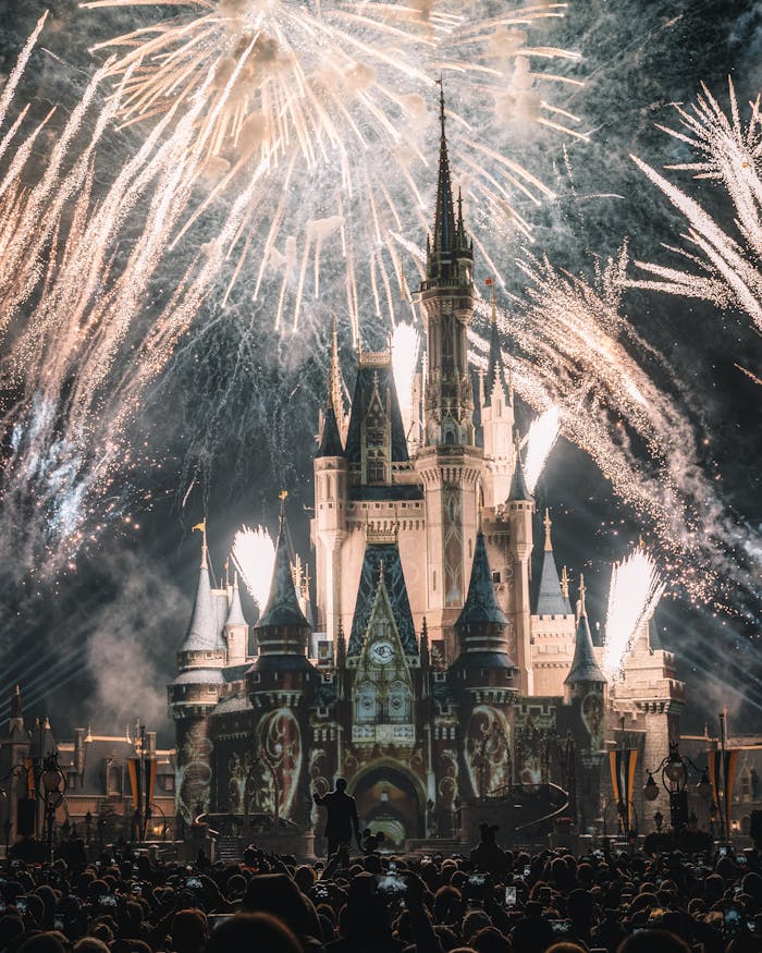 Enchanting night view of a famous castle illuminated by spectacular fireworks, capturing a magical ambiance.